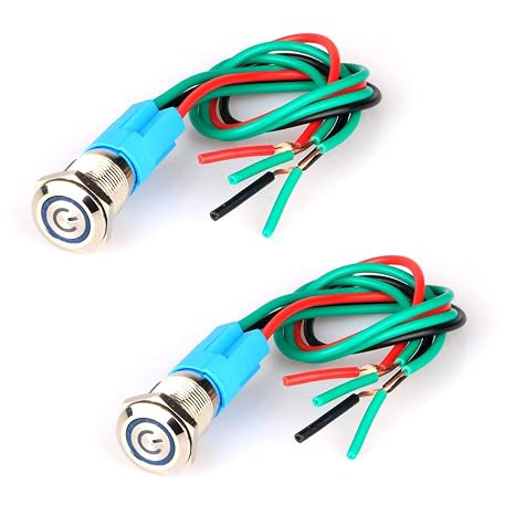GUUZI 2pcs Latching Push Button Switch Waterproof Stainless Steel Shell 220V-230V/3A LED Ring Illuminated Switch with Wire Socket Plug Suitable for 12mm Mounting Hole (Blue)