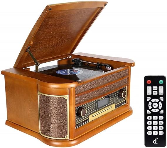 9-in-1 DAB Vinyl Turntable Vintage Wood with Bluetooth/FM/Stereo Speaker/CD/MP3/Cassette/USB