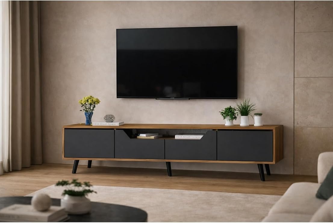 Roma Ahşap Ayaklı Tv Ünitesi Tv Sehpası Ceviz-Antrasit