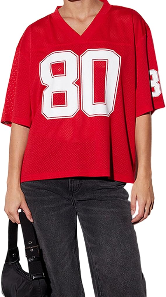 Jersey Shirts for Women Y2k Graphic Number Oversized Tees Half Sleeve Sport Casual V Neck Tshirt Tops Streetwear