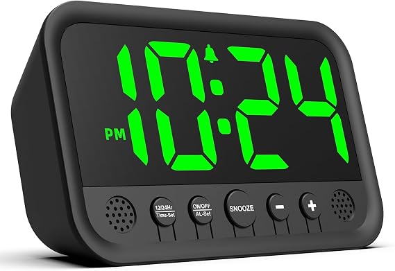 Azyh Digital Alarm Clock with Green LED Display for Bedroom, Loud Alarm Clock for Heavy Sleepers, USB-A to Type-C-Plug-In Electric Desk Clock with Adjustable Volume, Brightness, Snooze, 12/24HR,Gifts