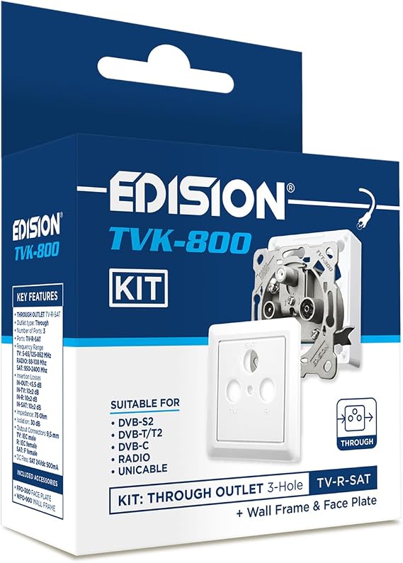 EDISION Antenna Socket TVK-800 Kit: Recessed TV-R-Sat Passage/Surface 3 Connectors inclusive Cover and Box, DVB-S2, Unicable, DVB-T/T2, DVB-C, Radio, FM, Dab+, DC Step, 3 Outputs