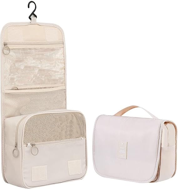 Travel Hanging Toiletry Wash Bag, Veyarien Folding Waterproof Makeup Cosmetic Bags Organizer for Women Ladies Girls (Beige)