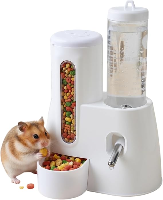 Hamster Automatic Feeder and Waterer, 2-In-1, White Water Bottle 125 ml, Suitable for Chinchillas, Guinea Pigs, Rats, Dwarfs, Gerbils and Other Small Animals (White), 13.4x18.8x16.6 cm