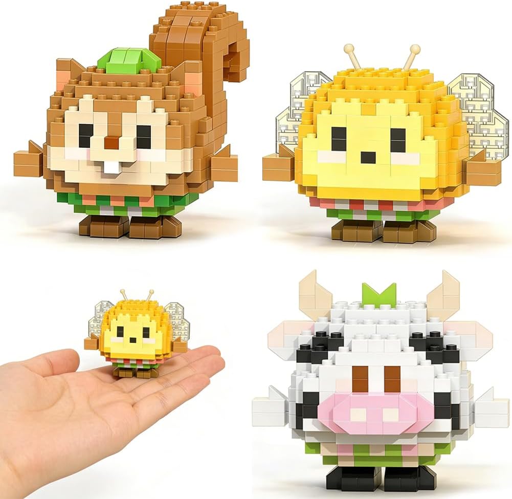 Mini Building Blocks Set for Kids Teens 3 PCS Cow Bee Squirrel Animal Micro Blocks DIY Mini Diamond Bricks Puzzle Kit, Creative Home Office Desk Decor, Stress Relief Relaxing Craft Gift for Adults