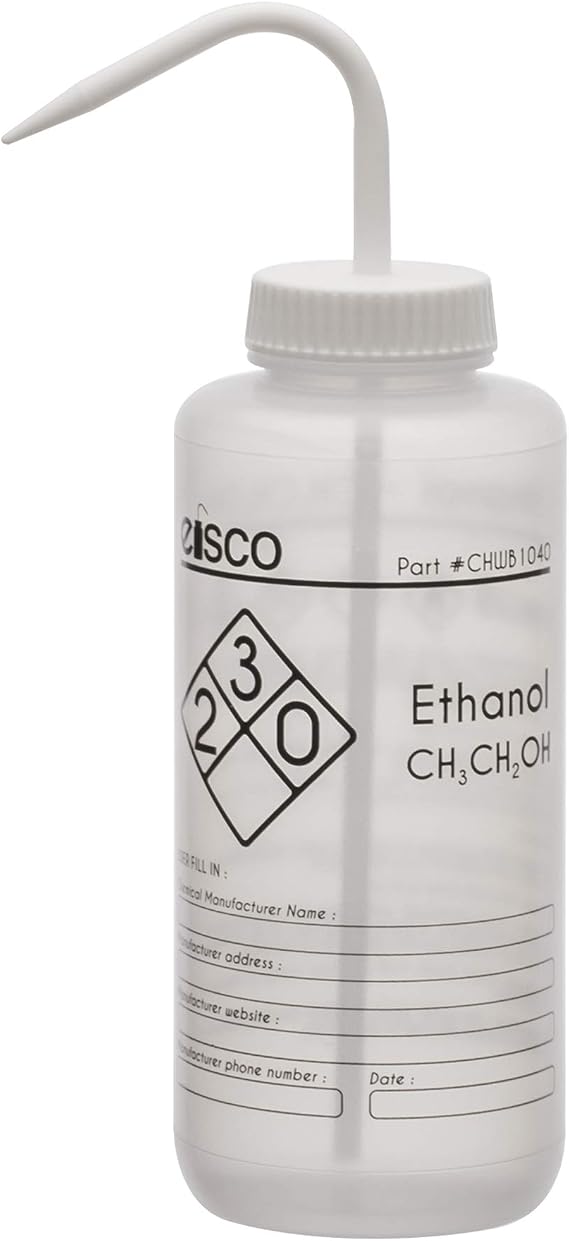 EISCO エタノール用ウォッシュボトル 1000ml - 化学物質情報と安全情報のラベル付き 1色 - 広口 自動通気式 低密度ポリエチレンラボ