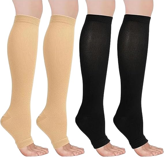 2 Pairs Compression Socks for Women & Men, Open Toe Medical Compression Stockings Knee High 20-30mmHg for Nurses Running Flying Pregnancy Flight Sports, Fit for Swollen Ankles Varicose Veins