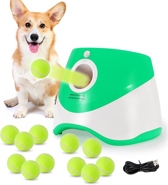 Dog Ball Launcher with 12 Tennis Balls, Automatic Dog Ball Thrower for Indoor Outdoor, 3 Adjustable Distance 10-30 FT, Interactive Dog Toy Ball Fetch Machine for Small & Medium Dogs