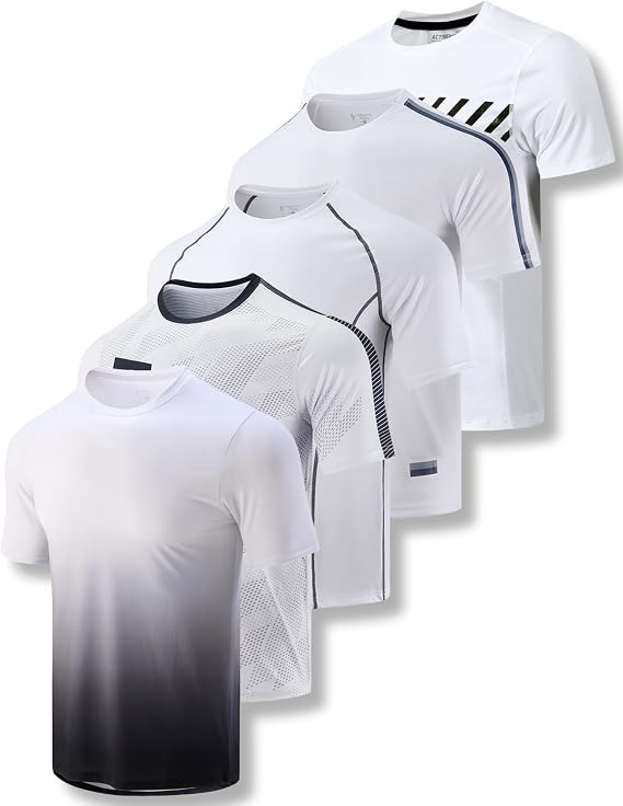 5 Pack Men’s Active Quick Dry Crew Neck T Shirts | Athletic Running Gym Workout Short Sleeve Tee Tops Bulk