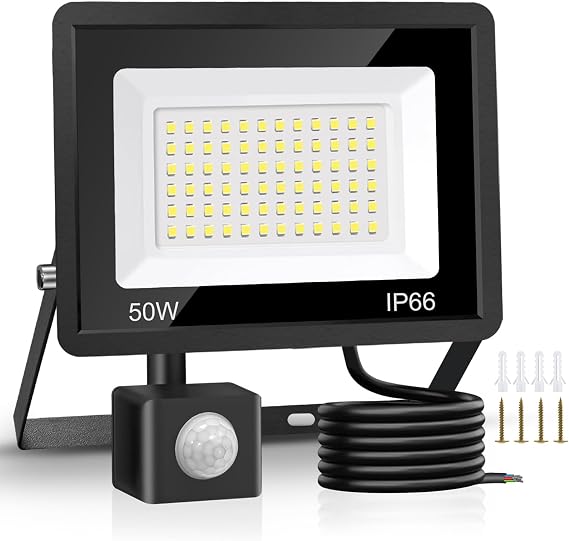Jsdoin 50W Security Lights Outdoor Motion Sensor 4500 Lumen PIR Security Light 6500K LED Floodlights IP66 Waterproof Outside Daylight Wall Light with 2M Cable for Garage Garden Hallway Backyard [Energy Class F]