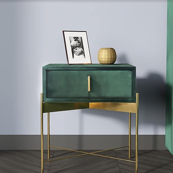 Pine Bedside Table，Nordic Bedside Cabinet，Metal Night Stand 1 Drawer，Bedroom Metal Feet Lockers,Flannel Bedside Cabinet, For Living Room, Bedroom, Easy Assembly 32 * 48 * 55cm(Colo