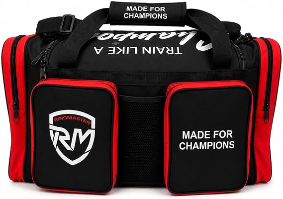 RingMaster Sports Large Training Kit Bag Duffel Multi Pocket Durable Kickboxing, Boxing, MMA, Martial Arts (Black/Red)