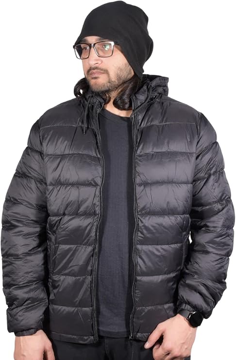 True Face Men's Warm Puffer Bomber Jacket, Water-Resistant Quilted Winter Coat with Hood, Lightweight Padded Outerwear for Cold Weather - Stylish & Comfortable Insulated Top