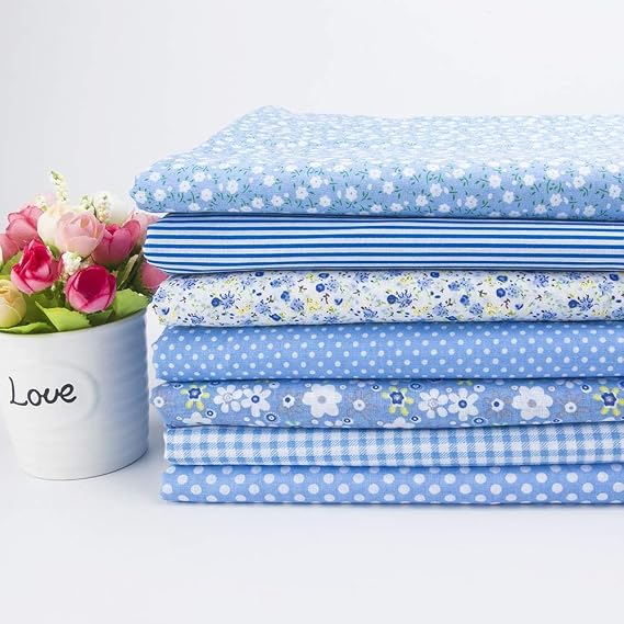 7Pcs Fat Quarters Fabric Bundles, 50CM x 50CM Cotton Fabric DIY Making Supplies Quilting Patchwork Gingham Fat Quarter Material for Sewing,Patchwork, DIY Crafts & Home Decorate (Blue)
