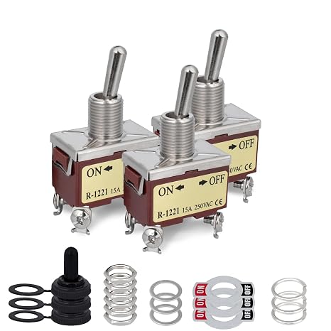 3 Pcs Toggle Switch, 15A 250V 20A 125V, 1221 DPST, 4 Terminals, On/off 2 Position Metal High Performance Rocker Switch with 3 Waterproof Cap
