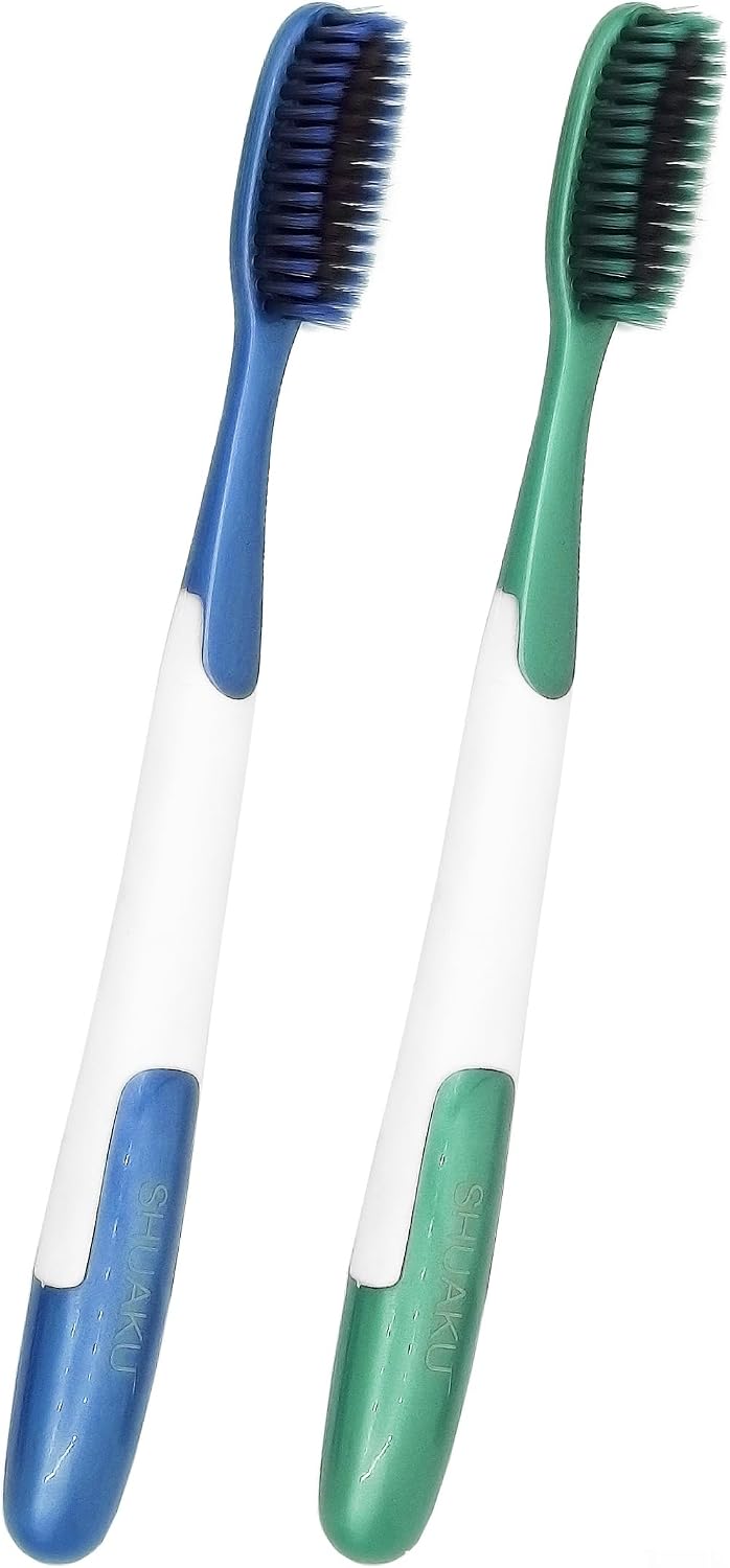 Extra Soft Flossing Toothbrush Manual Soft Toothbrush for Adults, Ultra CleanToothbrush, Good for Sensitive Teeth and Gums Long Large Head Whitening Teeth 2Pack Green&Blue