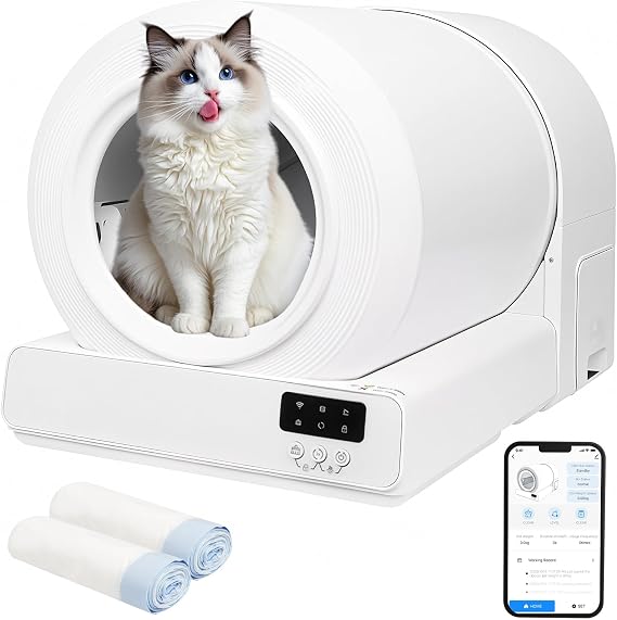 Automatic Self-Cleaning Cat Litter Box, 85L Extra Large Smart Litter Tray with App Control, 9 Safety Sensors, Odor Control, Litter Mat & 2 Rolls Litter Bags