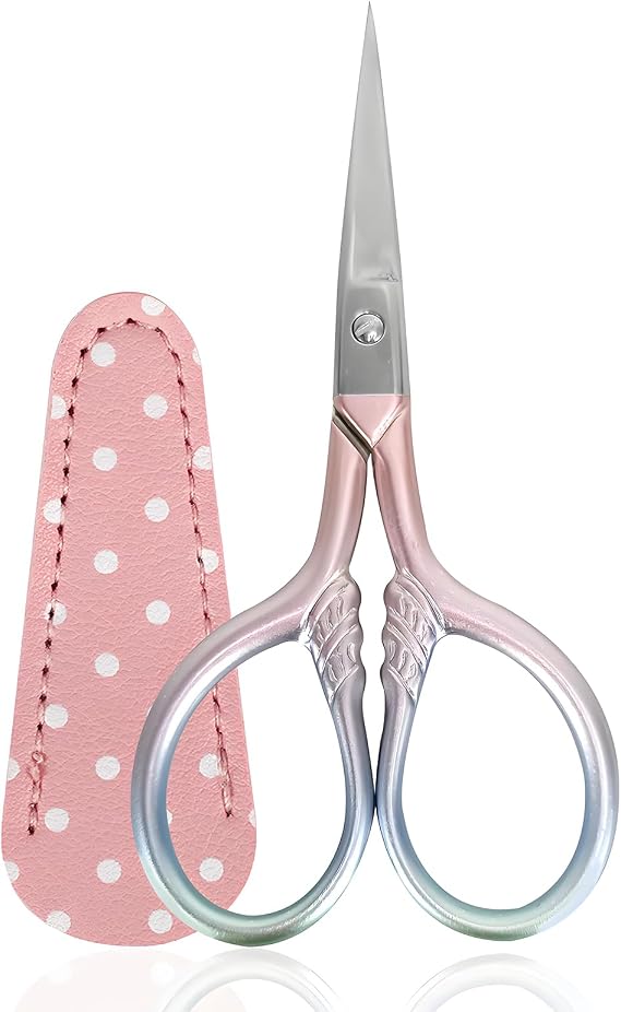 Small Scissors - 3.6" Embroidery Scissors for Crafts, Thread Cutting, and Everyday Mending with Fake Leather Scissor Cover (Pink)