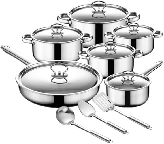 Stainless Steel Pots and Pans Set, Commercial Grade Induction Cookware, Oven Safe Pots and Pans with Heat Resistant Handles, Multipurpose Kitchen Cookware Set for Home Cooking, 15PCS Durable Gift Girls Boys
