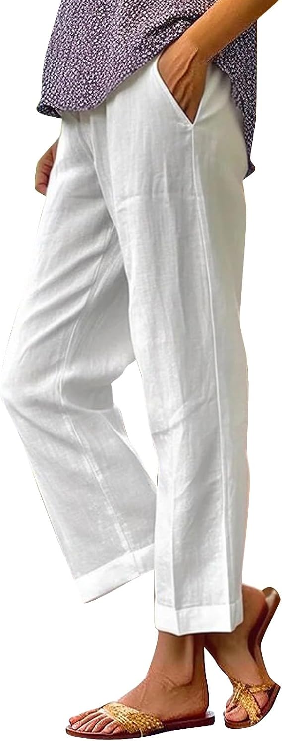 Yinguo Women Solid Straight Solid Elastic Pants Long Drawstring Linen Women Waist Cotton Casual Pants Women Plus Size Trouser