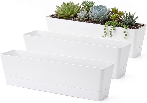 GREANER Window Boxes Planters, 3PCS 16x3.8 Inch Large Herb Planters with Tray, Indoor Succulent Cactus Flowers Vegetable Plastic Rectangle Pot for Balcony, Office, Garden, Outdoor, Windowsill (White)