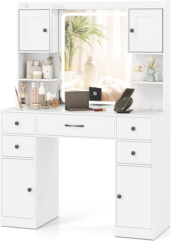 COSTWAY Dressing Table with 3-Color LED Lights Mirror, Charging Station, Adjustable Brightness, Storage Shelves, Drawers and Cabinets, Bedroom Furniture Dresser Makeup Table Vanity Desk, White