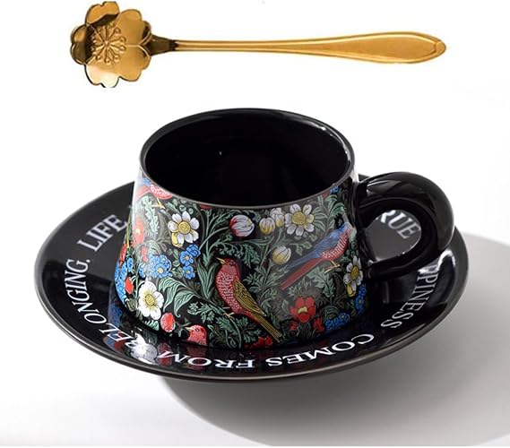 Morris Style Ceramic Cup& Saucer Set, 9oz- Birds and Floral (Black)
