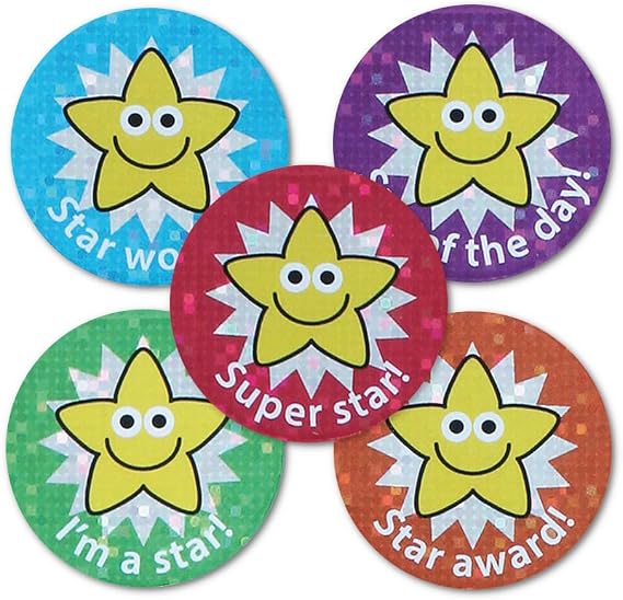 Sparkly Star Mixed Praise Stickers - 28mm. Bulk Pack of 108 stickers.