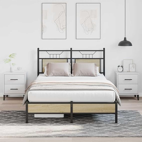 Sonoma Oak Bed Frame Small Double 120x190 cm, Steel & Engineered Wood Slatted Base with Headboard, Storage Space Underneath, Assembly Required for Bedroom Guest Room Loft