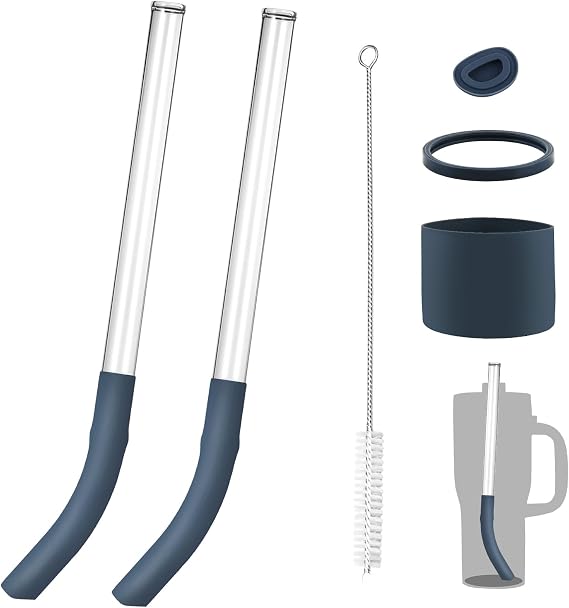 6pcs Replacement Straw Set for Ninja Blend Boss Cups, Includes 2 Reusable Glass Straws, Cleaning Brush, Silicone Tips, Sealing Rings and lids, Compatible with Ninja Travel Cups, BPA-Free
