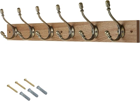 keypak Rustic Wall-Mounted Coat Rack 6 Brass Hooks 69cm Wood Rail