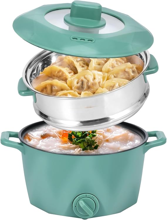 Electric Hot Pot with Stainless Steel Steamer, 2L Portable Non-Stick Mini Multifunctional Cooker, 2 Gear Rapid Noodles Cooker, Travel Electric Skillet for Stir Fry Raman Soup Noodles Steak(green)