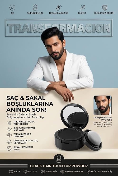 Transformacion SİYAH Saç Sakal Kapatıcı KREM Pudra Seyreklik Giderici Dolgunlaştırıcı Hair Touch Up 723608
