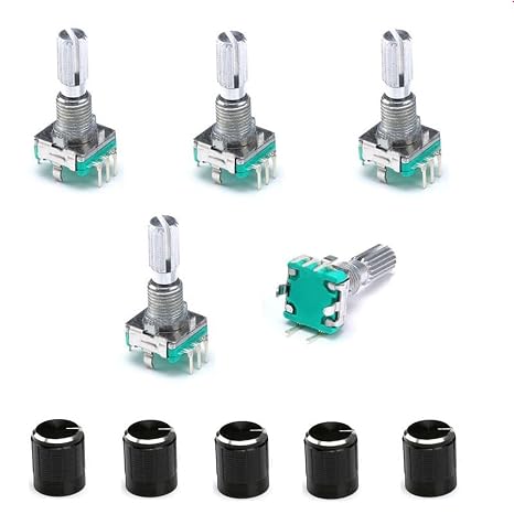 360-Degree Rotary Encoder Switch with Push Button - 5-Pack EC11 Compatible Digital Potentiometer & Knob Caps for Arduino Projects