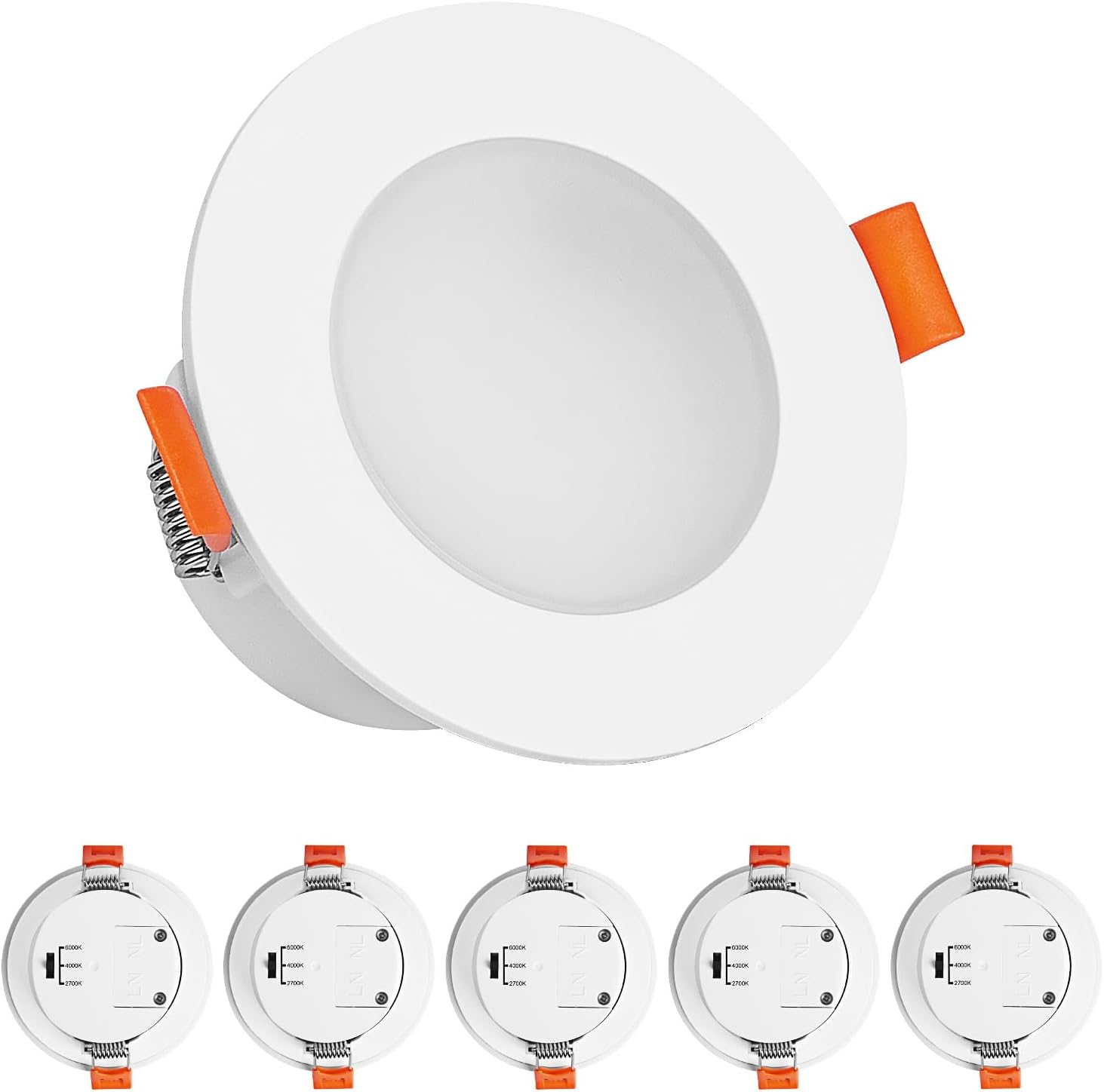 Eslas LED Downlights Ceiling 5W, IP65 Parallel Connection Recessed Ceiling Lights 3CCT Bathroom, Warm White 2700K Neutral White 4000K Cool White 6000K Selectable, 550Lm, Non-Dimmable, 6 Pack [Energy Class E]