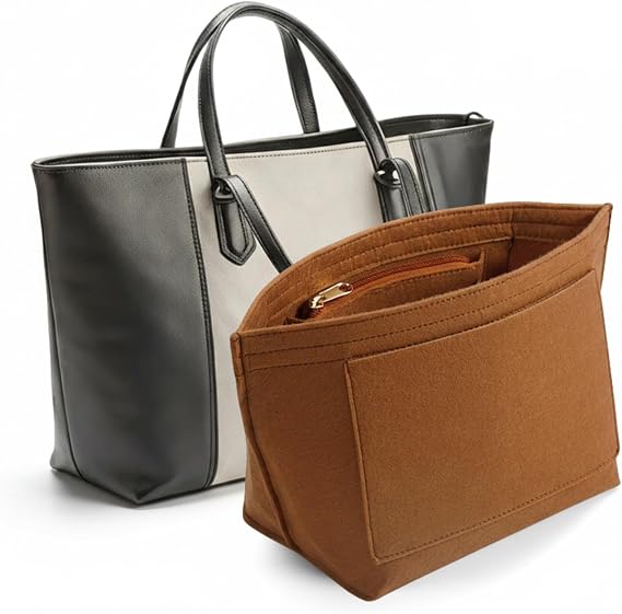 Purse Organizer Insert, Felt Tote Bag Organizer Insert with Multi-Pocket, Handbag Dividers for Tote Bags, Mommy Bag, Shopping Bag, Brown, S
