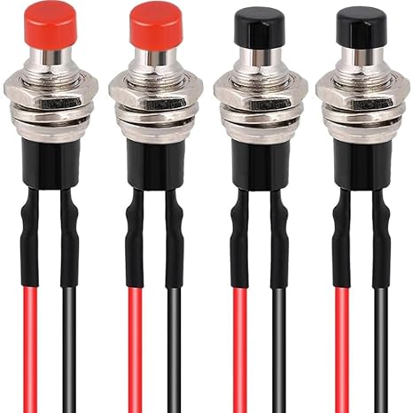 RUNCCI-YUN 4Pcs Self-locking 7mm Mini Push Button Switch SPST Latching Type ON/OFF 2 Pin Round Button 3V-6V-12V-24V-230V/1A Prewired Mini Switch for Model Railway Hobby(red black)