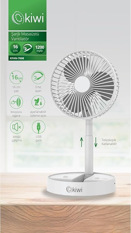 Kiwi Kfan-7608 Şarjlı Beyaz Katlanılabilir Mini Fan Masa Üstü Vantilatörü Usb Soğutucu Sessiz El Fanı