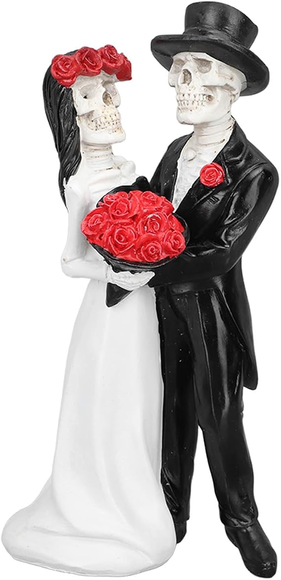 Never Dies Skeleton Couple Resin Statue, Skeleton Wedding Couple Statue Day of The Dead Dancing Halloween Romantic Wedding Bride Groom for Party Bouquet Cake Topper
