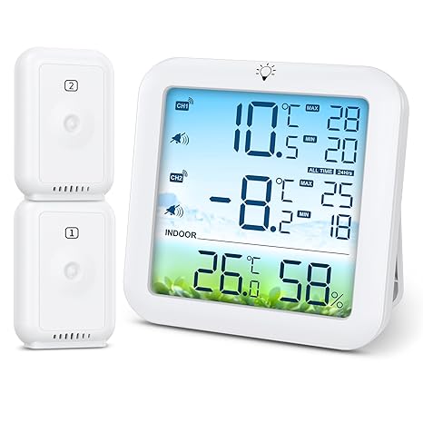 Brifit Fridge Thermometer Freezer Thermometer with 2 Sensors Digital Colour Display Thermometer with Alarm ℃/℉ Switch MIN/MAX White Backlight for Kitchen Restaurants