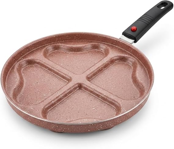 Papilla Redio Romantik 24 cm Kalpli Pankek ve Omlet Tavası - 4 Gözlü, Çıkarılabilir Saplı Yanmaz Yapışmaz Bölmeli Tava (PEMBE)