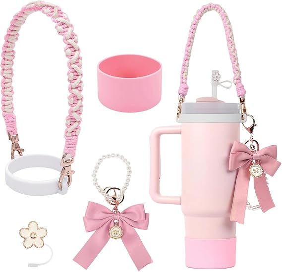 Cup Accessories Compatible with Stanley Cups, Silicone Sleeves, Pearl Keychain and Handle Cover for Insulated Cup, Fits 30 oz and 40 oz Stanley Cups, Pink