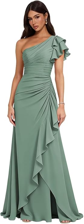 One Shoulder Bridesmaid Dresses for Women 2026 Ruffles Formal Wedding Guest Dress