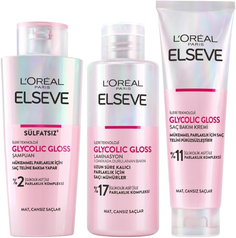 L’Oréal Paris Elseve Glycolic Gloss Parlaklık Veren Saç Bakım Rutini Seti: Şampuan, Saç Kremi, Bakım Spreyi