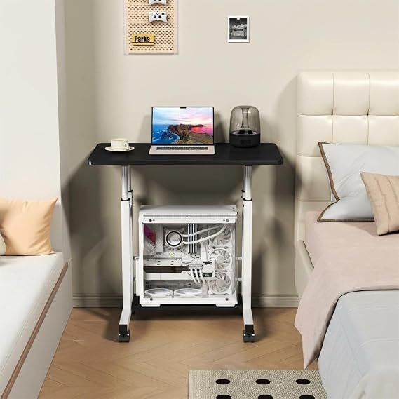 Aptliton Height Adjustable Mobile Laptop Desk with Storage Shelf Lockable Casters, Rolling Overbed Side Table Standing Desk for Bedroom Home Office Sofa