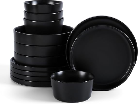 Stone Lain Celina Stoneware 12-Piece Dinnerware Set, Cereal and Pasta Bowls, Black, Coupe