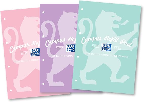 Oxford Campus Lined Paper A4 Refill Pad, 140 Pages, Pastel Colours, Pack of 3