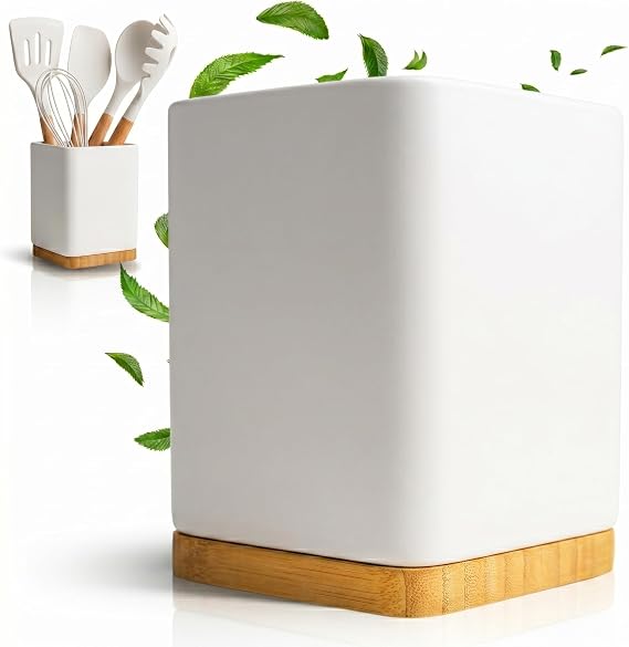 Kitchen Utensil Holder Ceramic and Bamboo Square White Utensil holder for kitchen utensils cooking spoon and spatula sturdy storage 10.5 x 15 cm