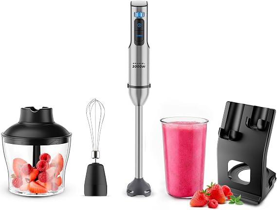Grunkel - Powerful 2000W Stainless Steel Hand Blender, Tumbler Included and Option Set Accessories with Rod, Chopper and Stand, Metal Lace and Silicone Base, Silver Color