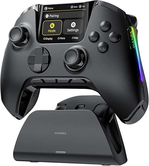 ManbaOne Interactive Screen Wireless Gaming Controller for PC/Switch/Switch 2/iOS/Android,Gamepad with Hall Effect Stick & Trigger,RGB Lighting,Remappable Buttons,1800mAh with Charging Dock (Black)